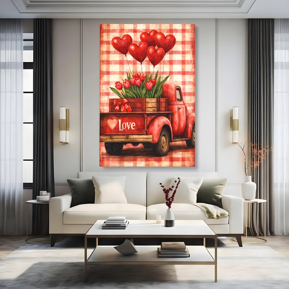 Tablou canvas cu tablou canvas cu un camion rosu vintage, fara rama, pe sasiu de lemn, pe perete intr-un living